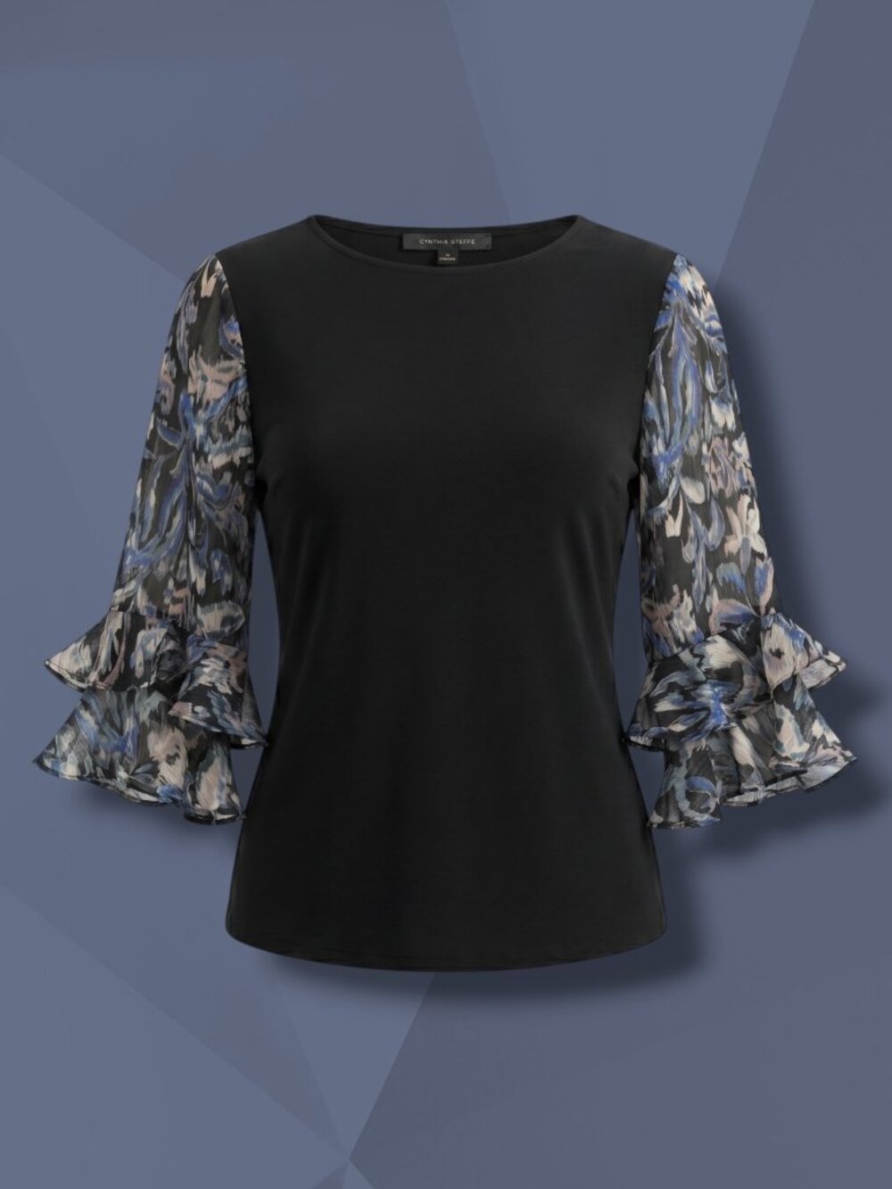 Cynthia Steffe Rich Black Ruffle Sheer Shimmer Sleeve Blouse M